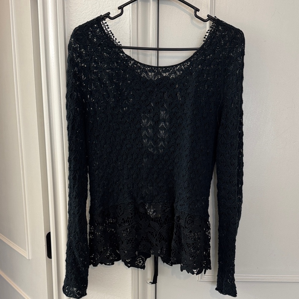 Free People Black Crocheted Long Sleeve Top